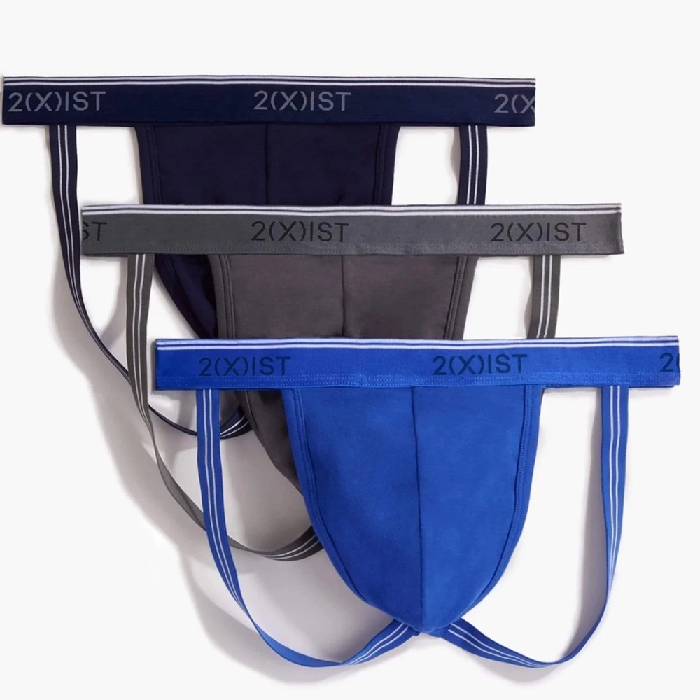 2(x)ist Men's Cotton Stretch Jock Strap Underwear 3 Pack SIZE MEDIUM BL/BLK/GRY